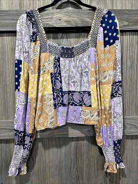 Wrangler Retro Paisley Patchwork Crop Blouse Purple & Brown Size Medium